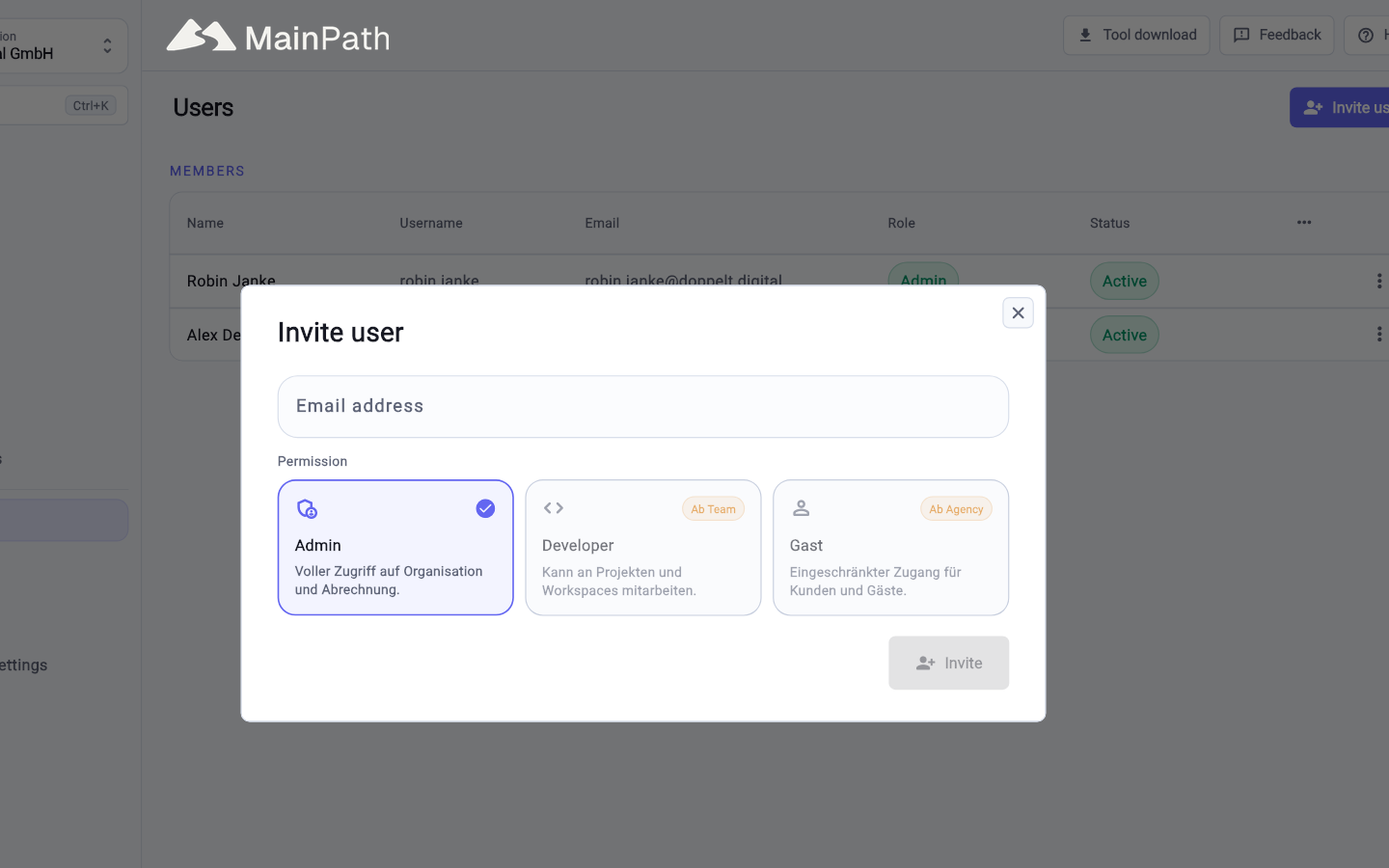 Roles and access rights keep client projects cleanly separated.